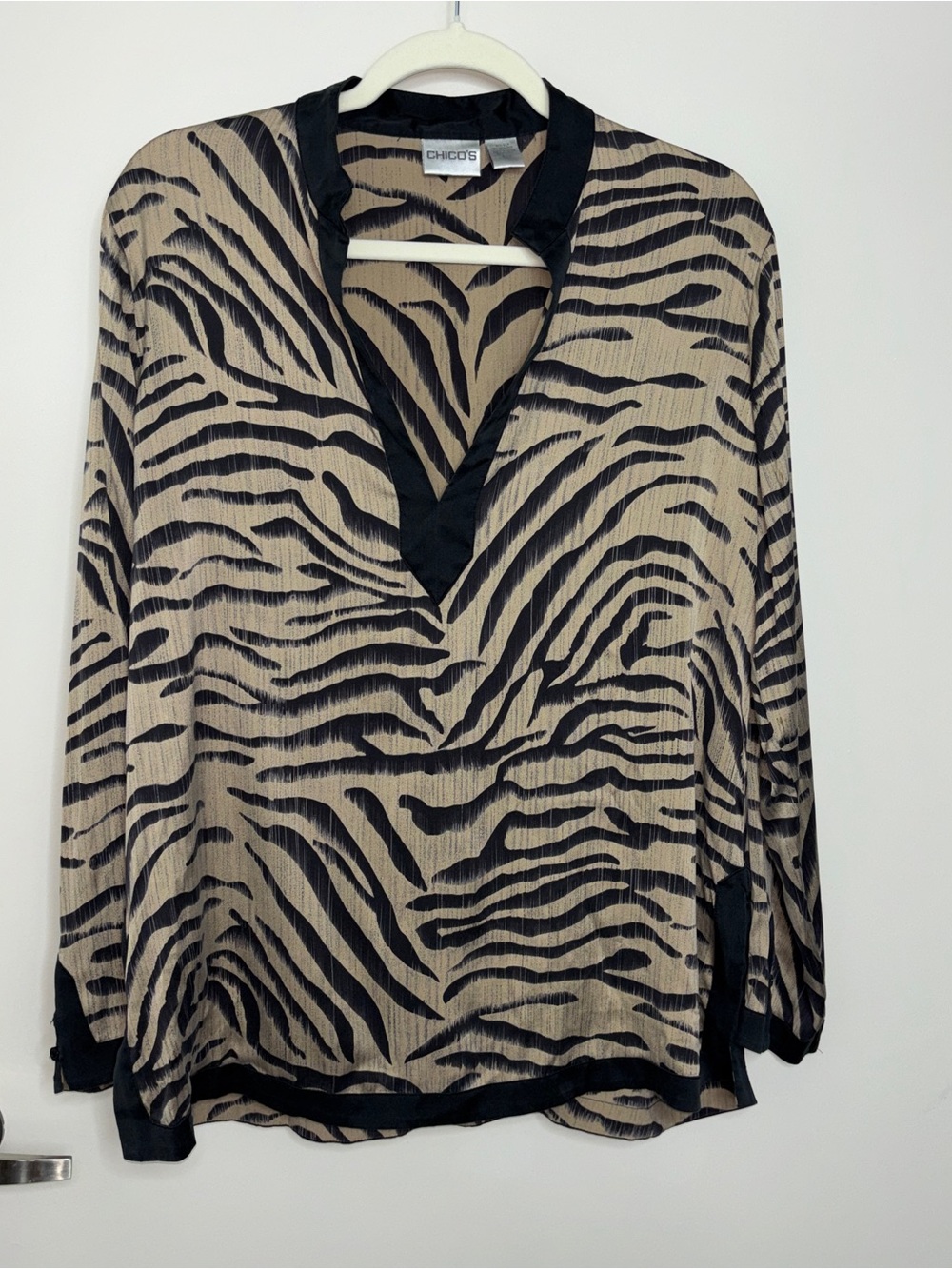 Chico's Silk Beige Black Zebra-Print V-Neck Blouse
